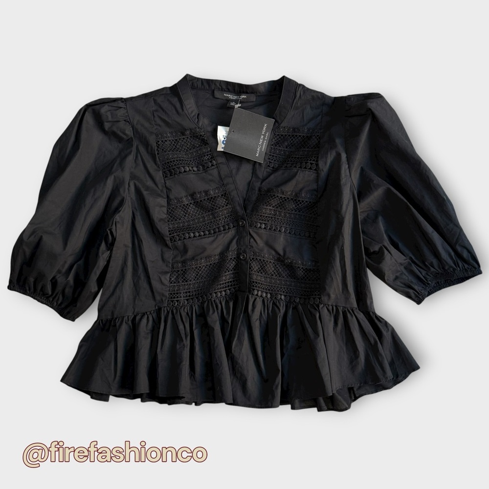 Marc New York Black Puff Sleeve Lace-Trim Peplum Blouse